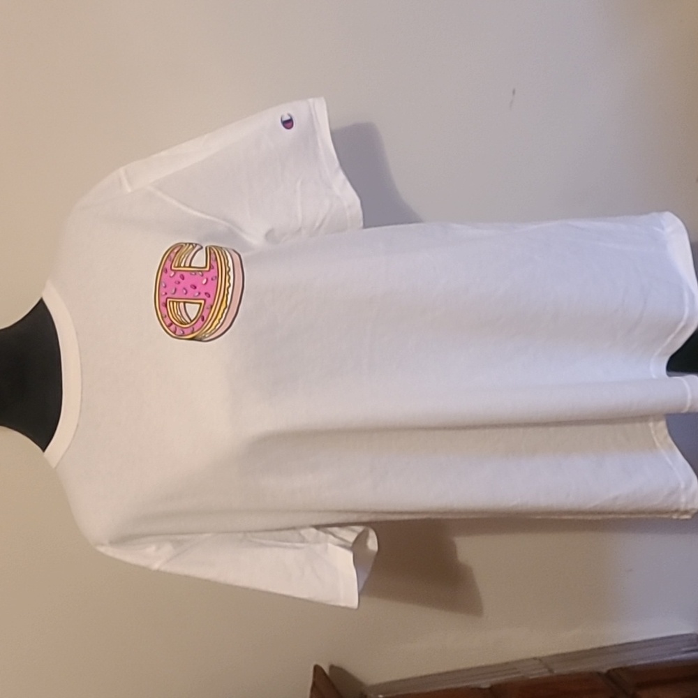 Champion Heritage White Tee with Pink and Yellow Donut Logo. New With Tag